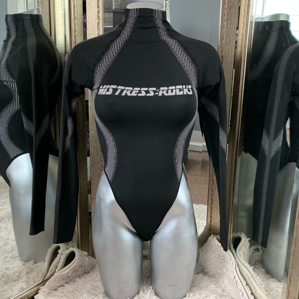 877.Mistress rocks black stretch knit bodysuit